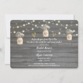 Invitación Luces de madera gris rústica y regadera de novia