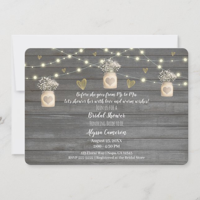 Invitación Luces de madera gris rústica y regadera de novia (Anverso)