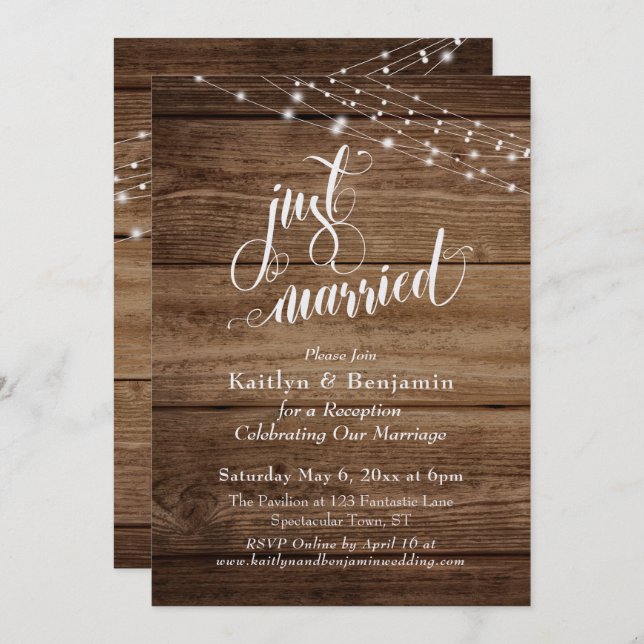Invitación Luces de madera marrón rústico Boda recepción reci (Anverso / Reverso)