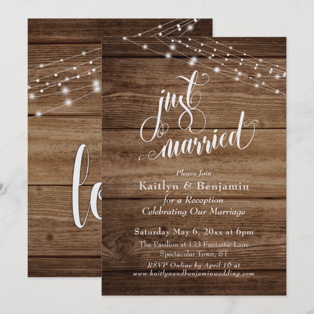 Invitación Luces de madera marrón rústico Boda recién casados (Anverso / Reverso)