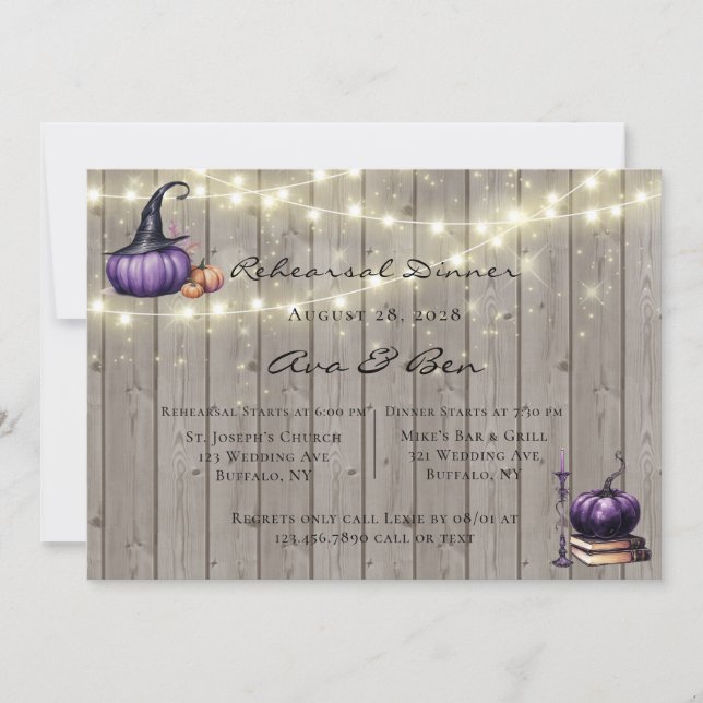 Invitación Luces de madera Purple Pumpkin ensayo Cena (Anverso)