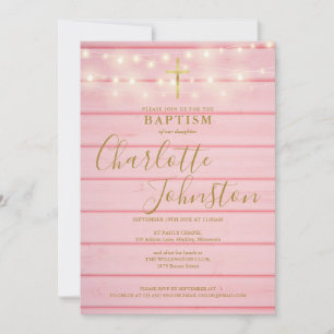 Invitación Luces de madera rosa guión Bautizo