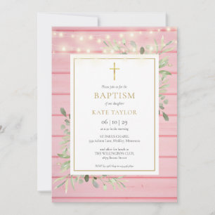 Invitación Luces de madera rosa vegetación bautizo