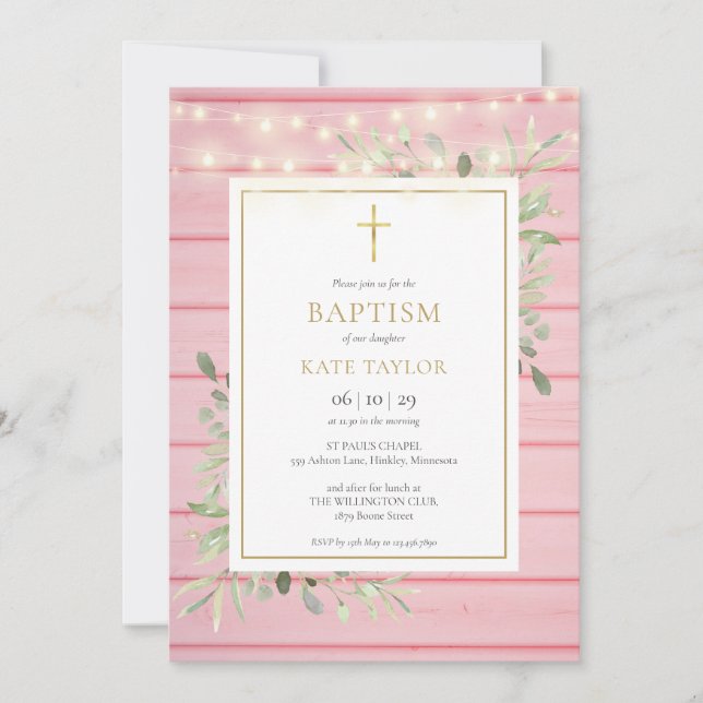 Invitación Luces de madera rosa vegetación bautizo (Anverso)