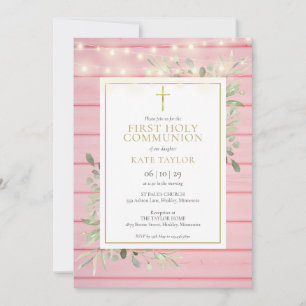 Invitación Luces de madera rosa vegetación primera comunión