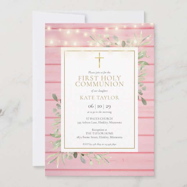 Invitación Luces de madera rosa vegetación primera comunión (Anverso)