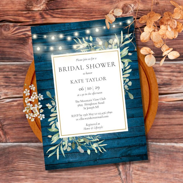 Invitación Luces de madera rústica azul con vegetación para d (Subido por el creador)