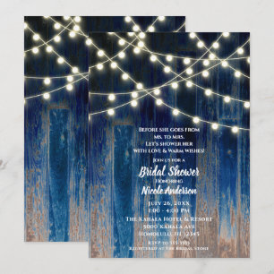 Invitación Luces de madera rústica azul de granero costero pa