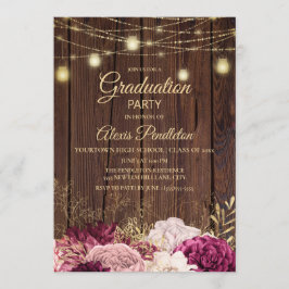 Invitación Luces de Madera Rústica Burgundy Rosa Floral Gradu