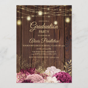 Invitación Luces de Madera Rústica Burgundy Rosa Floral Gradu