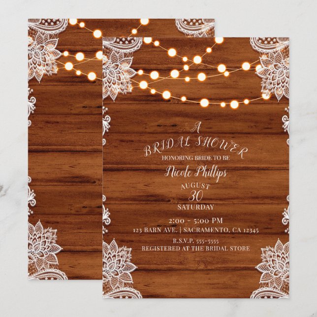 Invitación Luces de Madera Rústica con Encaje y Cuerdas para  (Anverso / Reverso)