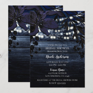Invitación Luces de Madera Rústica con Flores Azules Oscuro p