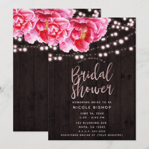 Invitación Luces de madera rústica marrón rosa floral para fi