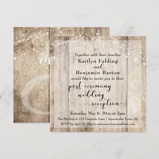 Invitación Luces de madera rústica para recepción de boda des (Anverso / Reverso)