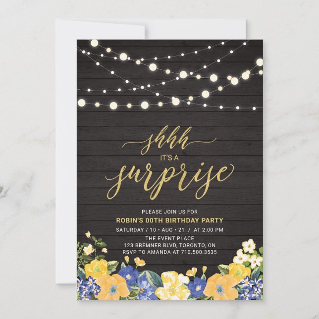 Invitación Luces de Madera y Cuerda Doradas Fiesta de Cumplea (Anverso)