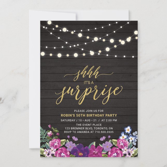 Invitación Luces de madera y cuerda doradas para fiesta de cu (Anverso)