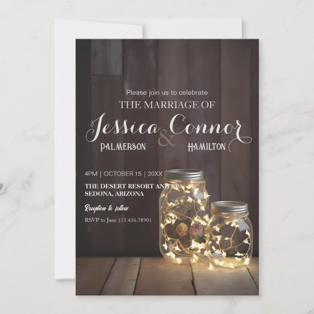 Invitación Luces de Mason Jar, Boda de la fábrica de madera n (Anverso)