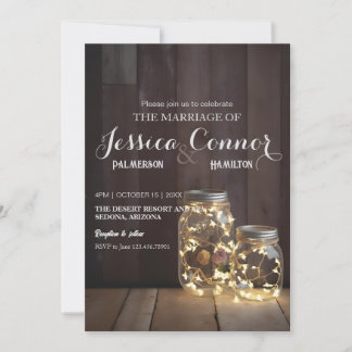 Invitación Luces de Mason Jar, Boda de la fábrica de madera n