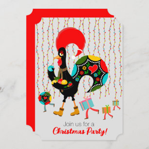 Invitación Luces de navidad, baubles, regalos y Rooster