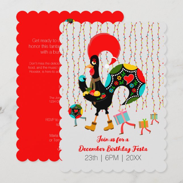 Invitación Luces de navidad, baubles, regalos y Rooster (Anverso / Reverso)
