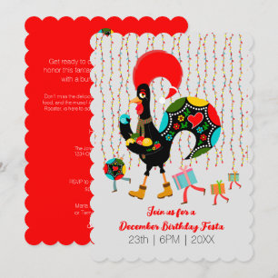 Invitación Luces de navidad, baubles, regalos y Rooster