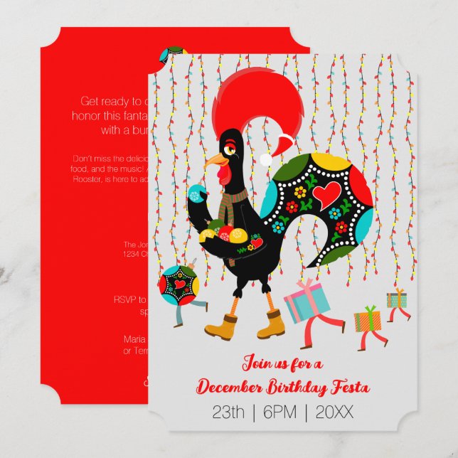 Invitación Luces de navidad, baubles, regalos y Rooster (Anverso / Reverso)