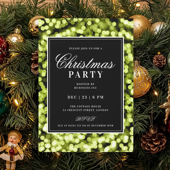 Invitación Luces de Navidad Glam Black & Green Fiesta (Black & Green Christmas Glam Lights Holiday Party Invitation)