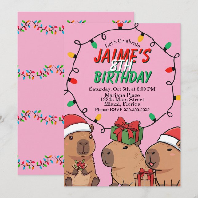 Invitación Luces de Navidad para Cumpleaños de Capybara (Anverso / Reverso)