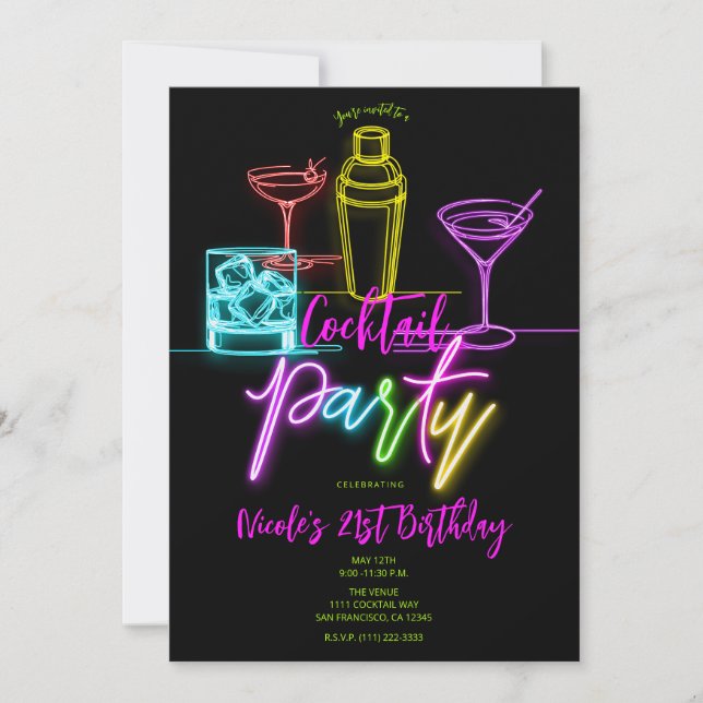 Invitación Luces de neón cócteles coloridos 21 cumpleaños (Anverso)