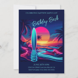 Invitación Luces de neón para la tabla de surf Bash-Sunset de