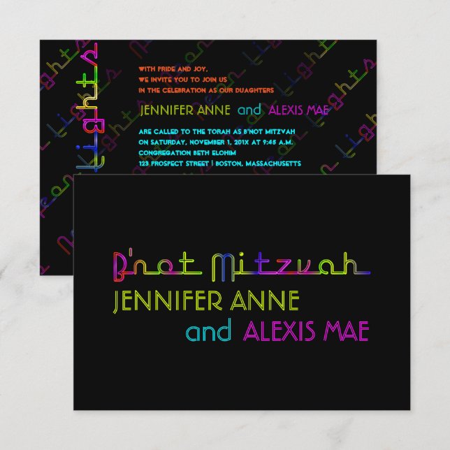 Invitación Luces de neón PixDezines b'not mitzvah (Anverso / Reverso)