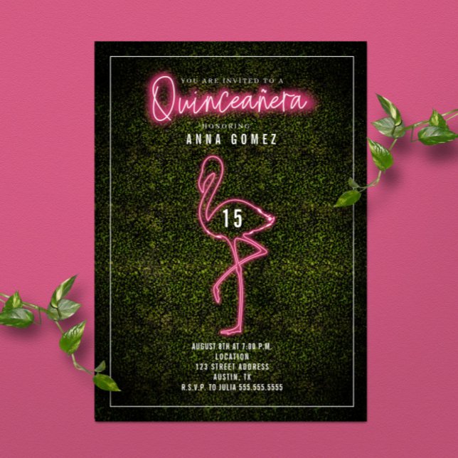 Invitación Luces de neón rosadas de Quinceañera de flamenco b (Subido por el creador)