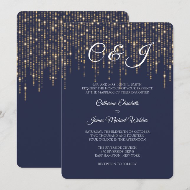 Invitación Luces de oro, azul de medianoche, elegante boda (Anverso / Reverso)