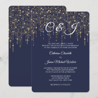 Invitación Luces de oro, azul de medianoche, elegante boda