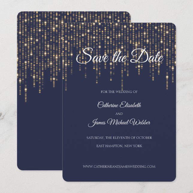 Invitación Luces de oro, azul de medianoche, salva la fecha (Anverso / Reverso)