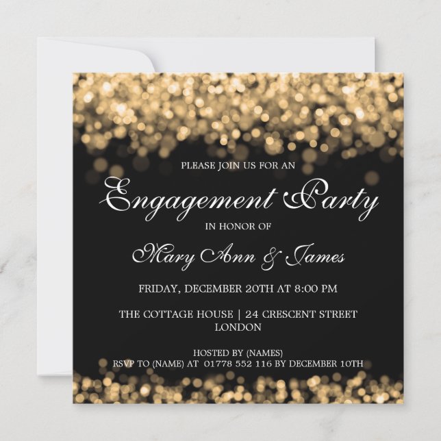 Invitación Luces de oro del partido de compromiso boda (Anverso)