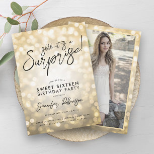 Invitación Luces de oro modernas foto sorpresa dulce 16