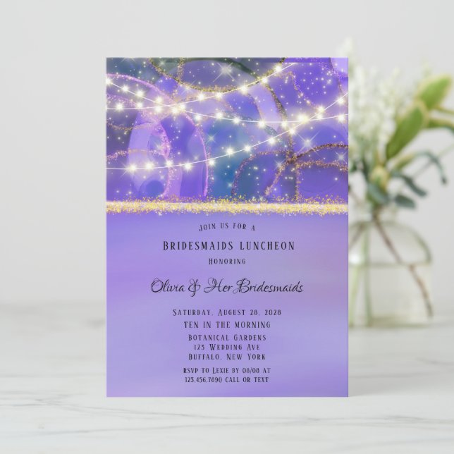 Invitación Luces de oro púrpura Eééthéth Ink Bridesmaids Almu (Anverso de pie)