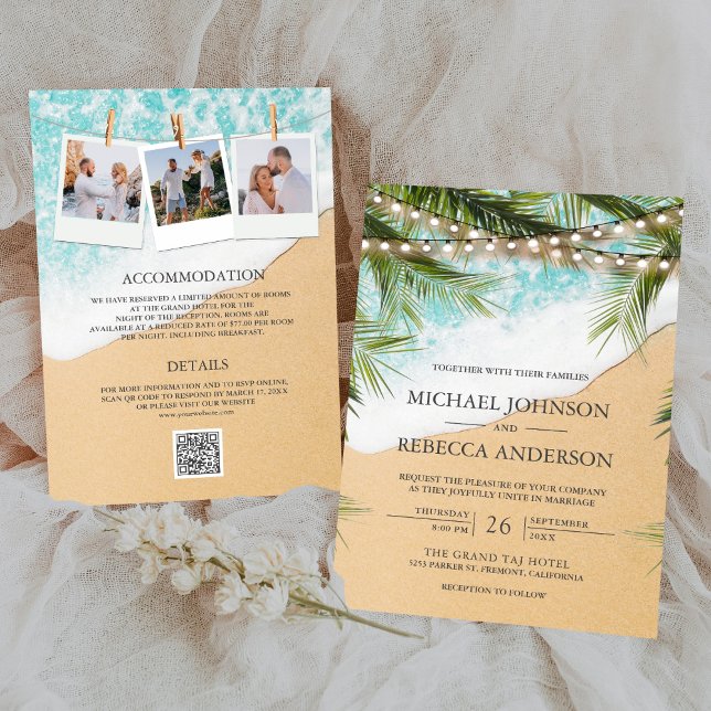 Invitación Luces de Palm Beach Tropical Foto Boda de código Q (Subido por el creador)
