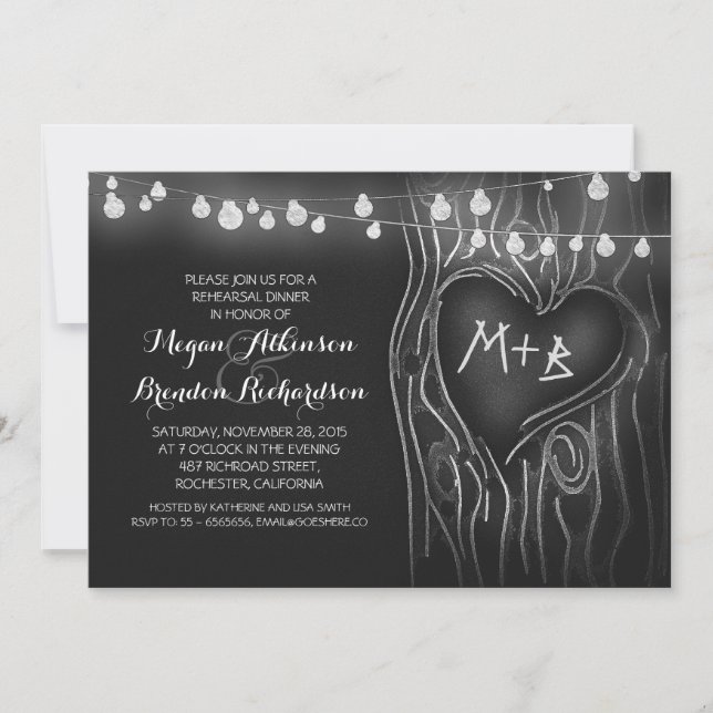 Invitación luces de pizarra árbol cena romántica (Anverso)