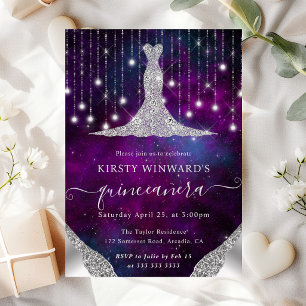 Invitación Luces de Quinceañera con Vestido de Diamante y Luc