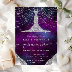 Invitación Luces de Quinceañera con Vestido de Diamante y Luc