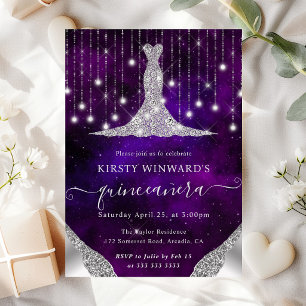 Invitación Luces de Quinceañera con Vestido de Diamante y Luc