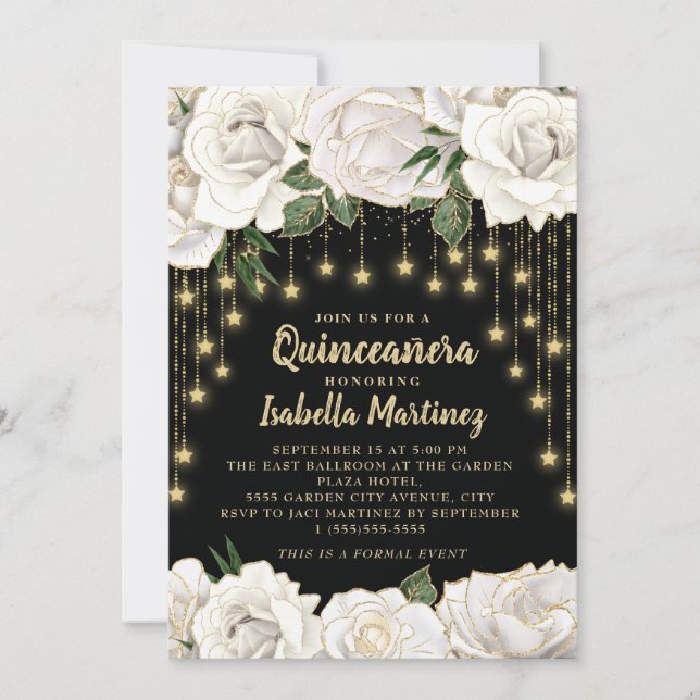 Invitación Luces de rosas blancas con hilo dorado y estrella  (Anverso)