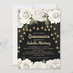 Invitación Luces de rosas blancas con hilo dorado y estrella