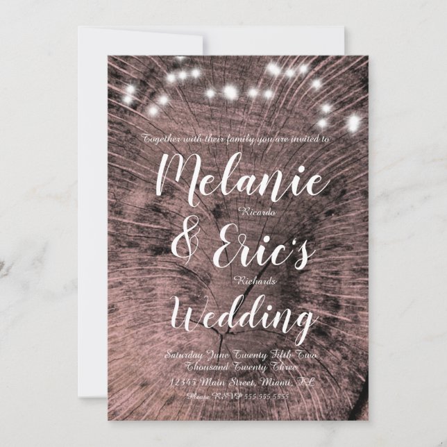 Invitación Luces de tronco para boda rústica con letra elegan (Anverso)