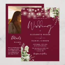 Invitación Luces de vegetación de Borgoña Código QR Foto Boda