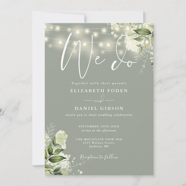 Invitación Luces de Vegetación Sage Verde Código QR Boda (Anverso)
