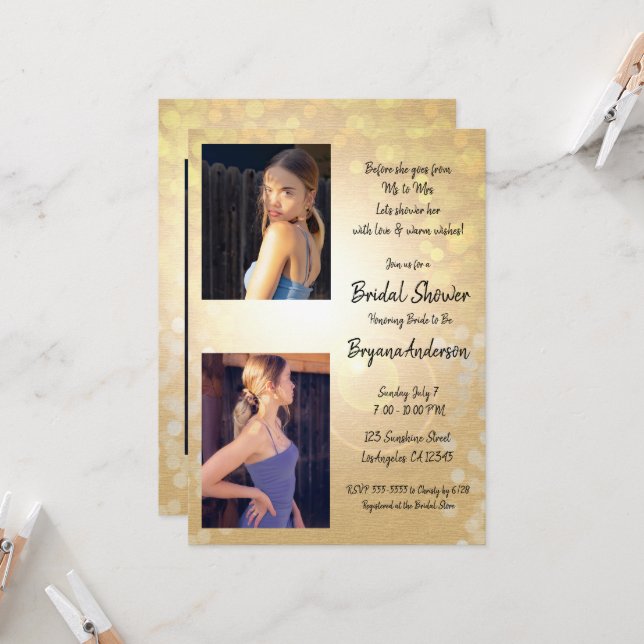Invitación Luces de verano de oro Glam Bridal Shower (Anverso/Reverso In Situ)