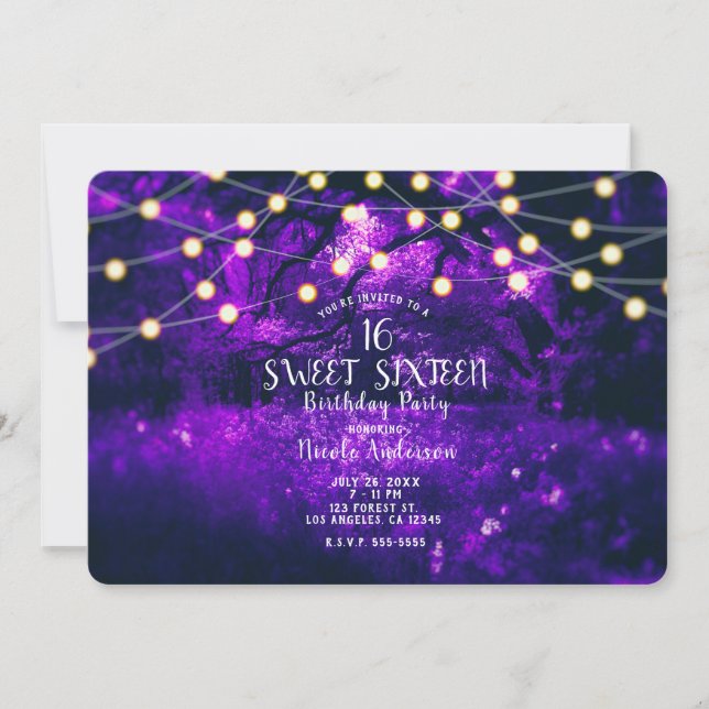 Invitación Luces del Encantado Bosque Rústico Morado Cumpleañ (Anverso)